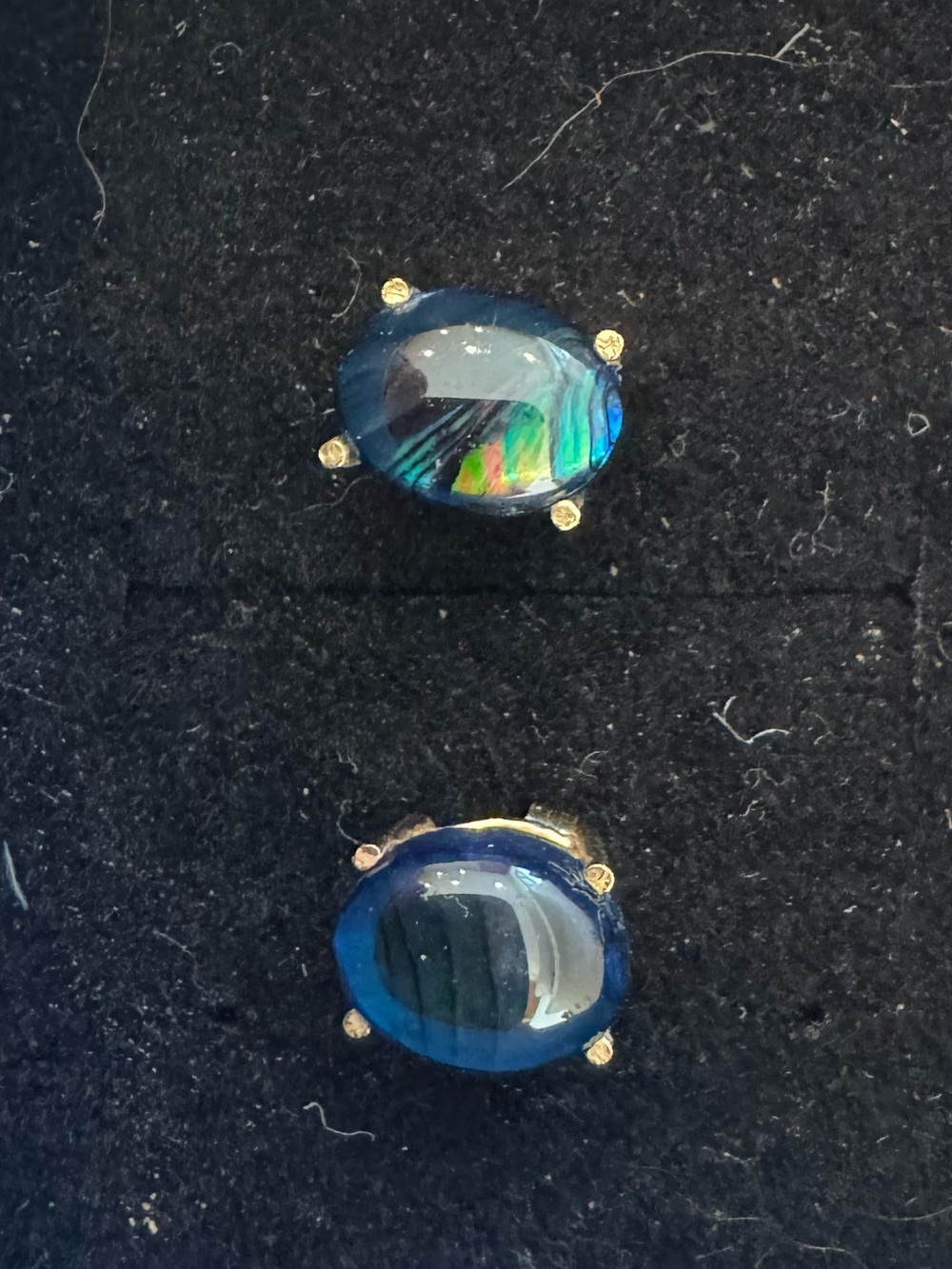 14k Gold Blue Green Epoxied Paua Shell Cabochon Stud Earrings. Vintage, Custom